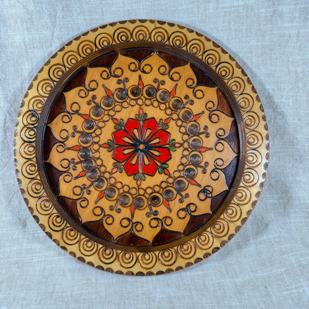 Vintage Hand Burned Wood Plate Boho Folk Art Wall Decor Pyrography